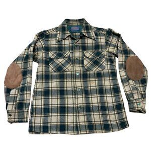 Vtg Pendleton Board Shirt Shacket S Loop Collar Green Tan Plaid Virgin Wool USA